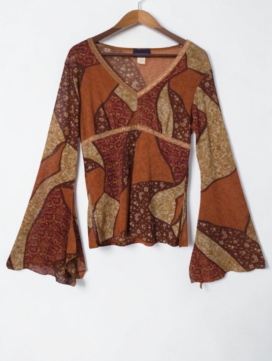 Forenza Tops - VTG 90's Y2K Babydoll Top Patchwork Orange Lace Neck Bell Sleeve Festival Womens
